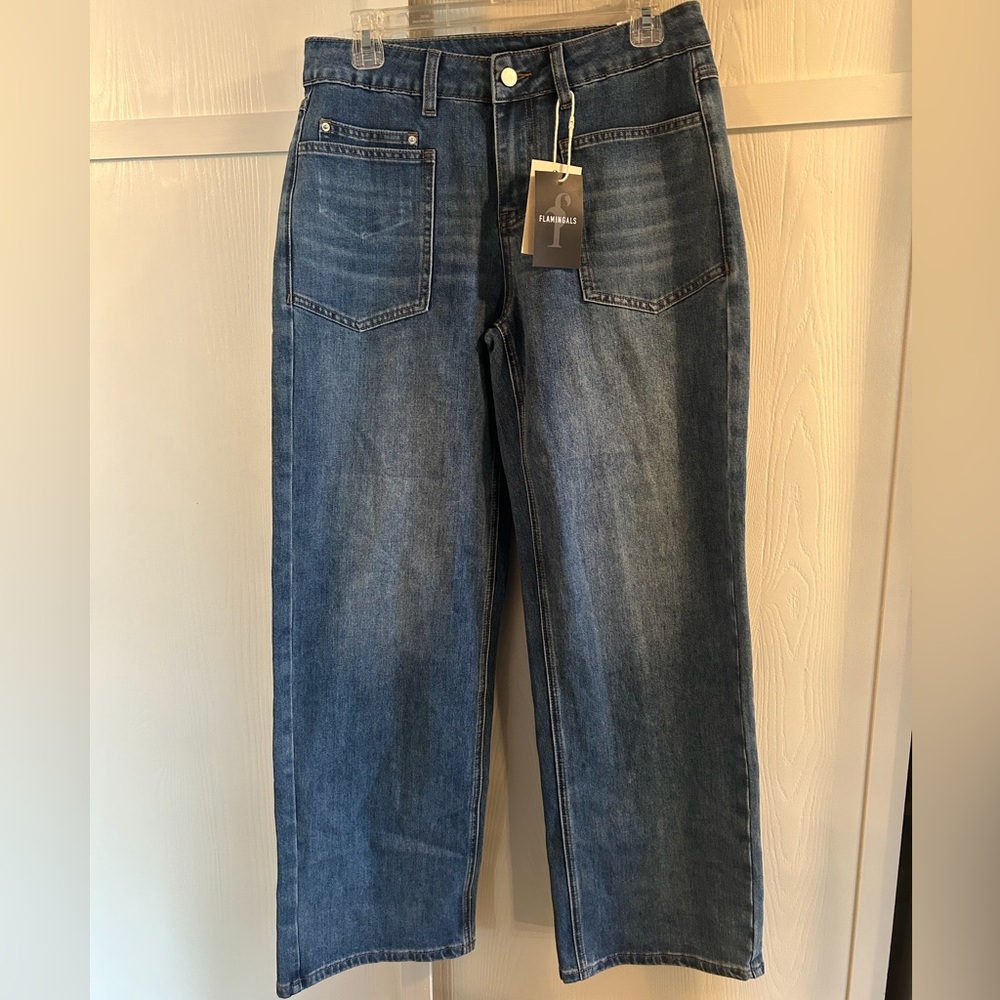 Flamingals Women’s Wide Leg Stretch Jeans Patch Pockets Size Small New NWT